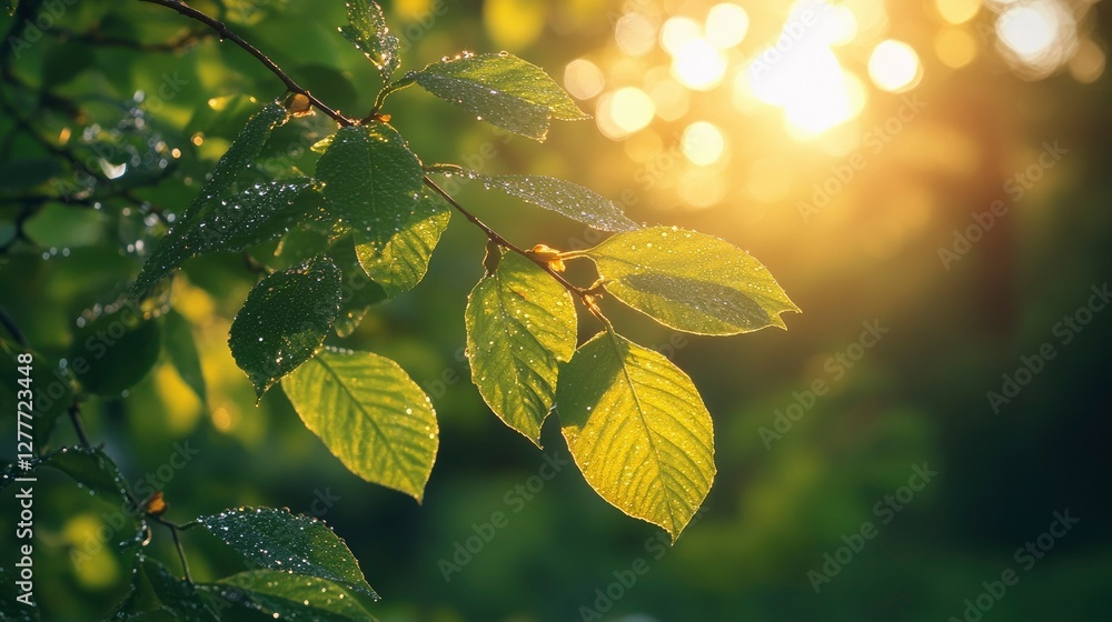 Sunlit Dew-Kissed Leaves in a Forest at Golden Hour Sunlit Dew-Kissed Leaves in a Forest at Golden Hour