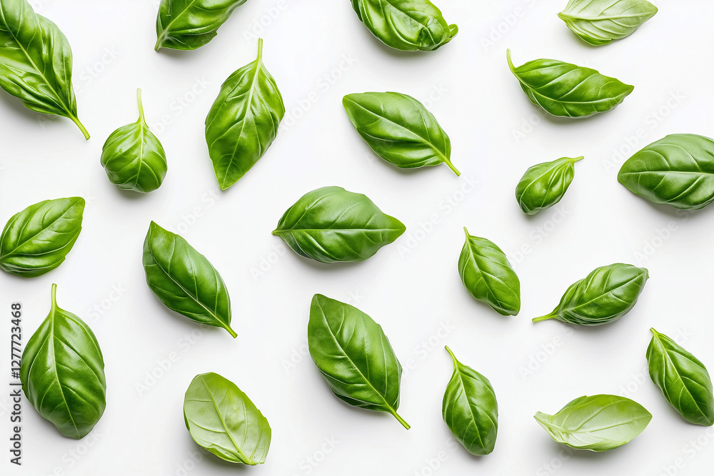 Loose basil leaves, scattered naturally on a crisp white background Loose basil leaves, scattered naturally on a crisp white background