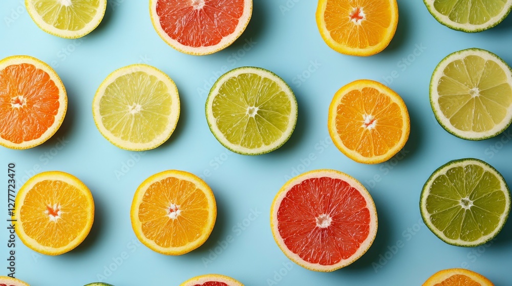 Vibrant Citrus Fruit Pattern Oranges, Grapefruits, Lemons, and Limes on Blue Background Vibrant Citrus Fruit Pattern Oranges, Grapefruits, Lemons, and Limes on Blue Background