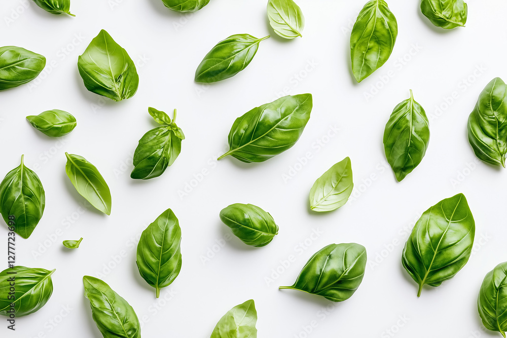 Loose basil leaves, scattered naturally on a crisp white background Loose basil leaves, scattered naturally on a crisp white background