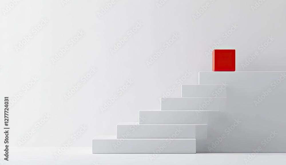 Red Cube on White Steps - Minimalist Success Concept Red Cube on White Steps - Minimalist Success Concept
