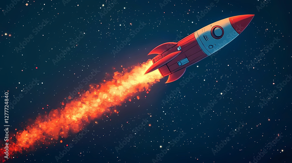 Fototapeta premium Cartoon Rocket Flying in Space with Bright Flame Trail and Stars