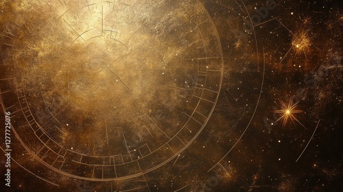 Celestial map with stars and golden astrological chart overlay