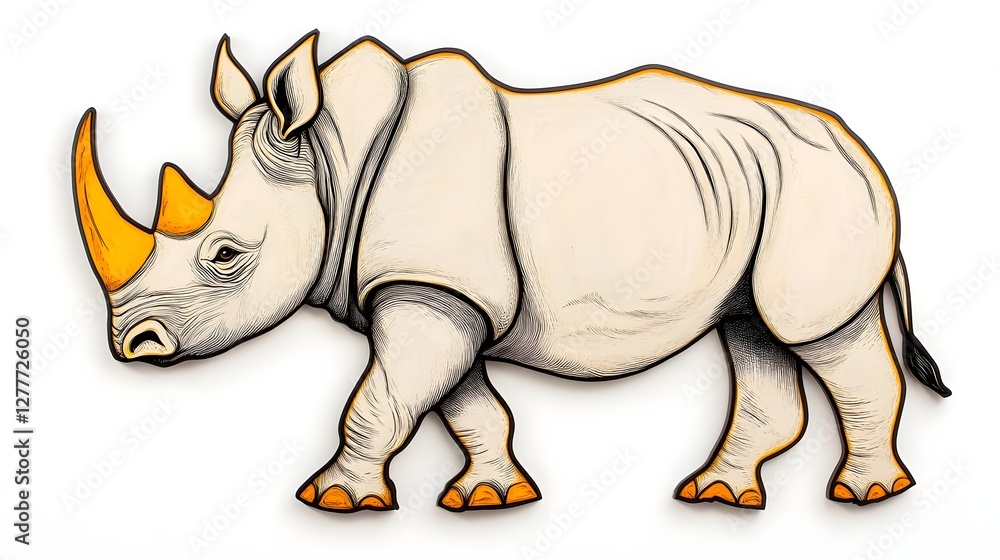 Fototapeta premium Detailed Illustration of a Side View Rhinoceros with Sharp Horn and Bold Features Against a White Background, Ideal for Wildlife and Conservation Themes