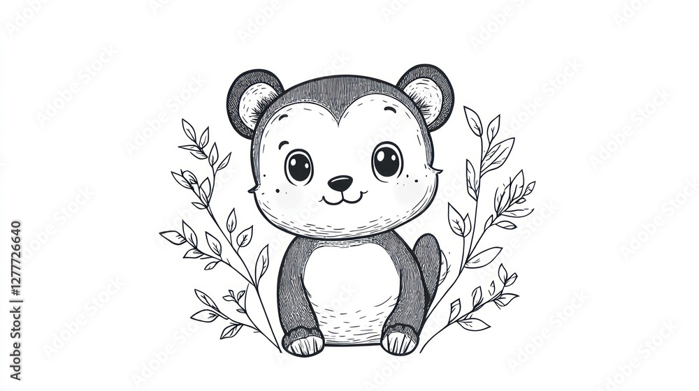 Fototapeta premium Cute cartoon bear illustration with leaves.