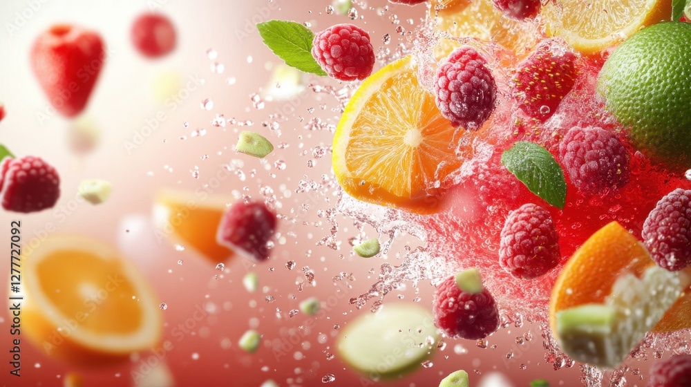 Fresh fruit explosion, vibrant citrus slices, berries, and mint splashing through water droplets on a gradient background. Fresh fruit explosion, vibrant citrus slices, berries, and mint splashing through water droplets on a gradient background.