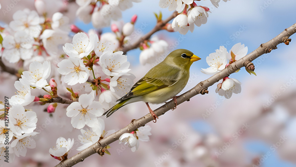 A charming greenfinch (Carduelis chloris) sitting gracefully on a blossoming cherry tree branch, with white flowers in full bloom. A charming greenfinch (Carduelis chloris) sitting gracefully on a blossoming cherry tree branch, with white flowers in full bloom.