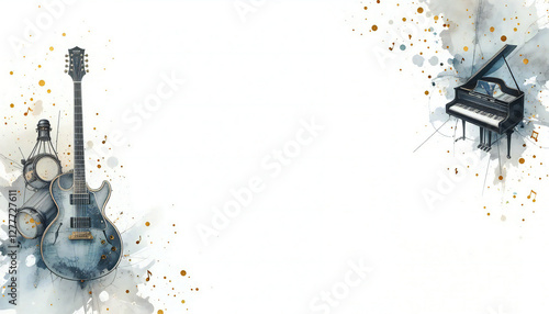 artistic watercolor splashes of music instrument border frame
