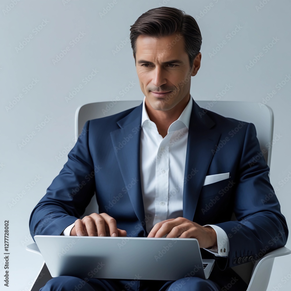 Handsome business man in coat pant holding a laptop.
Handsome business man in coat pant holding a laptop.