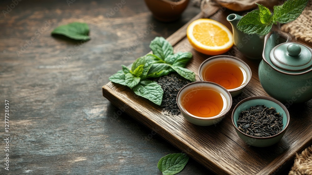 Aromatic Black Tea with Mint and Orange Slices on Rustic Wooden Tray Aromatic Black Tea with Mint and Orange Slices on Rustic Wooden Tray