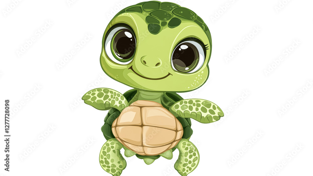 Fototapeta premium Cute cartoon turtle with big eyes smiling happily