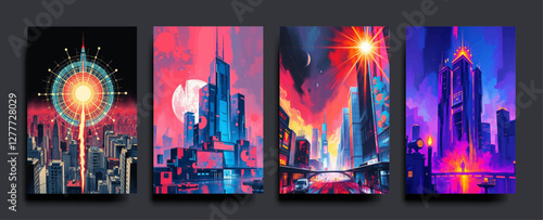  Set of Smart city and communication network concept. IoT (Internet of Things). Telecommunication. vector painting Illustration.