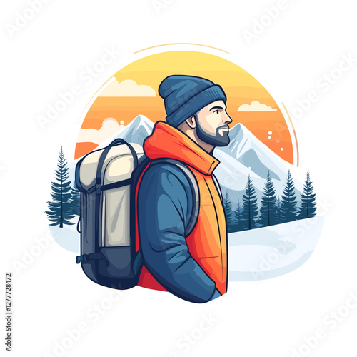 Hiker in winter jacket with backpack looking at mountains.