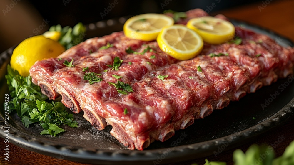 Fresh raw ribs garnished with lemon and herbs on a decorative platter. Fresh raw ribs garnished with lemon and herbs on a decorative platter.