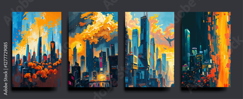  Set of Smart city and communication network concept. IoT (Internet of Things). Telecommunication. vector painting Illustration.