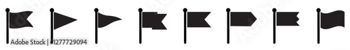 Black flags symbol collection on white background. Triangle alert flag shape design. Flag shape alert flat style. Black flags warning symbol icon. Waving tag shape black color symbol. Vector