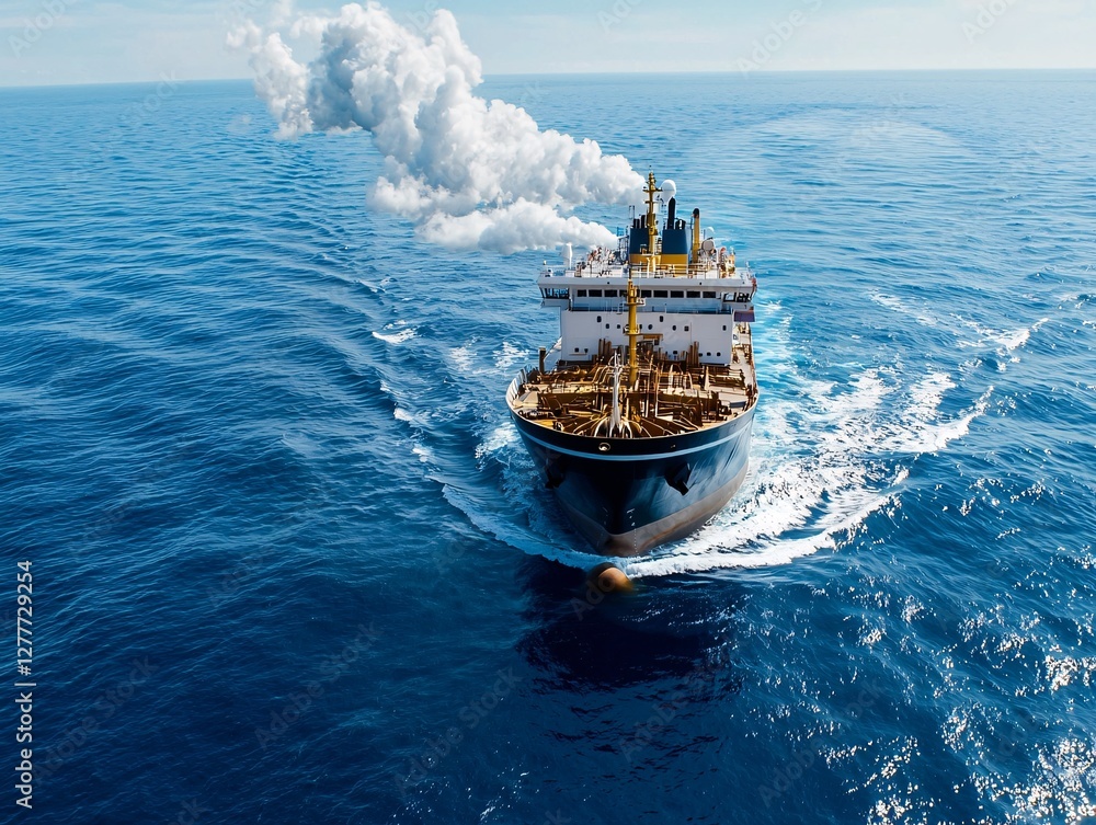High carbon emission concept. A large cargo ship navigates through vibrant blue waters, leaving a trail of foam and smoke against a clear sky.
