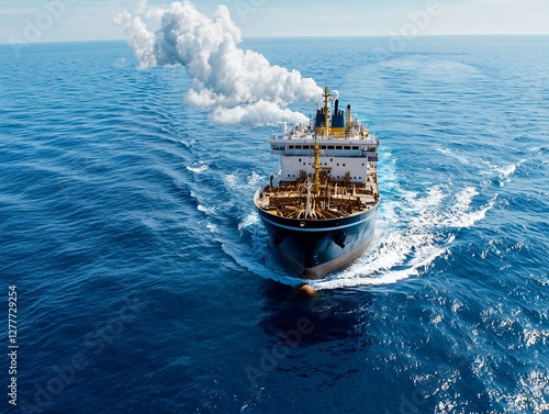 Obraz na płótnie High carbon emission concept. A large cargo ship navigates through vibrant blue waters, leaving a trail of foam and smoke against a clear sky. w salonie