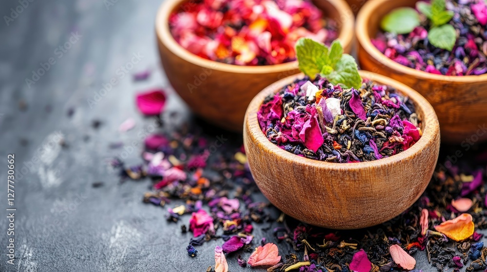 Aromatic Herbal Tea Blends in Wooden Bowls Aromatic Herbal Tea Blends in Wooden Bowls