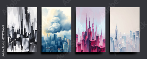  Set of Smart city and communication network concept. IoT (Internet of Things). Telecommunication. vector painting Illustration.