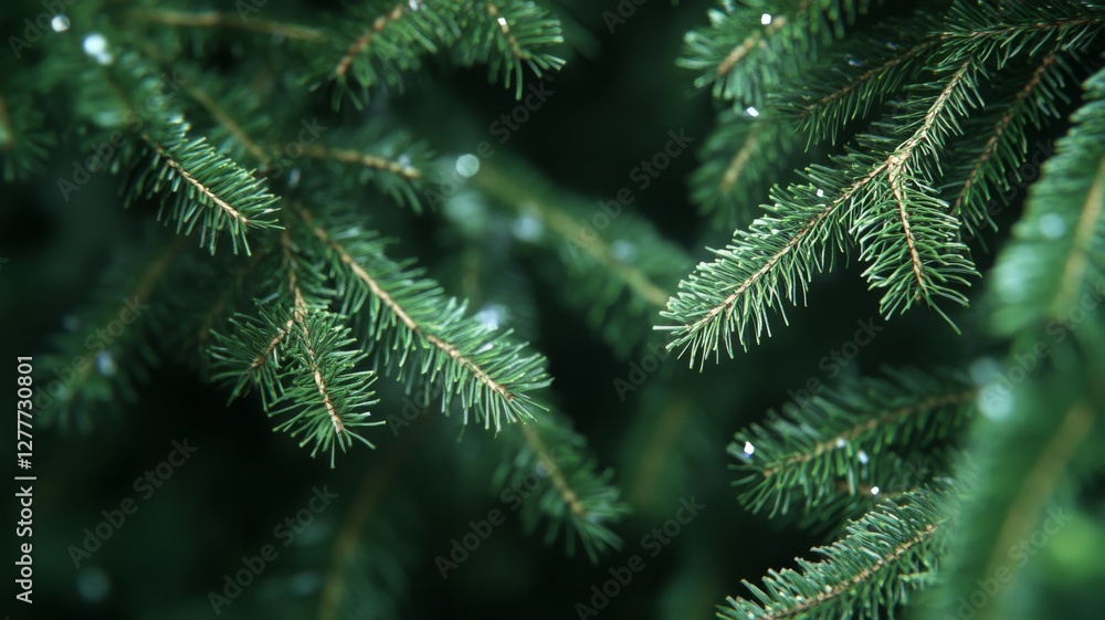 Close-up view of fresh evergreen tree branches glistening with raindrops in a serene forest setting during early morning hours Close-up view of fresh evergreen tree branches glistening with raindrops in a serene forest setting during early morning hours