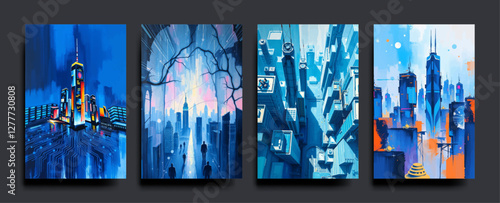  Set of Smart city and communication network concept. IoT (Internet of Things). Telecommunication. vector painting Illustration.