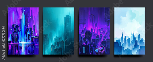  Set of Smart city and communication network concept. IoT (Internet of Things). Telecommunication. vector painting Illustration.