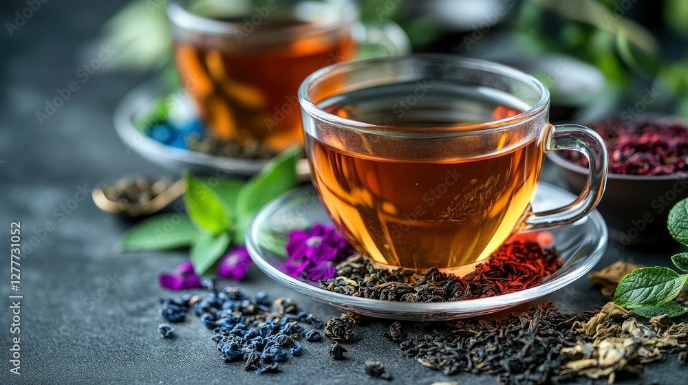 Aromatic Herbal Tea in Glass Cups with Assorted Tea Leaves Aromatic Herbal Tea in Glass Cups with Assorted Tea Leaves