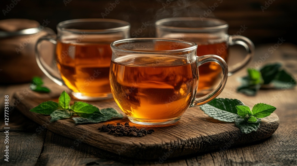 Aromatic Herbal Tea in Glass Cups with Fresh Mint on Rustic Wooden Board Aromatic Herbal Tea in Glass Cups with Fresh Mint on Rustic Wooden Board