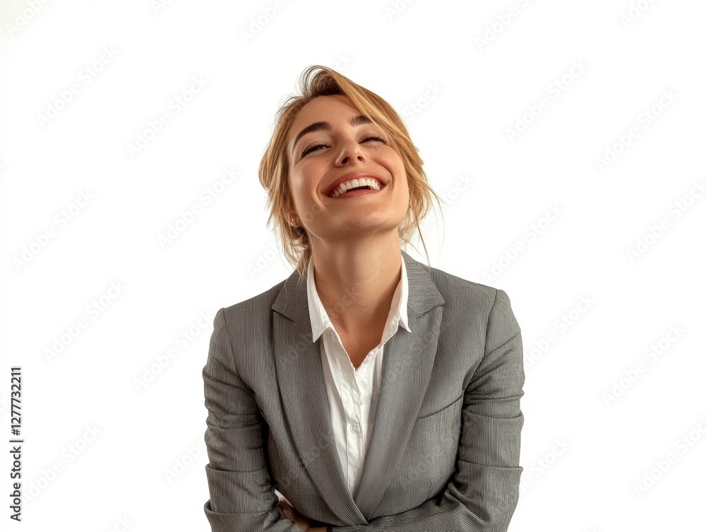 friendly businesswoman 35 years old in a gray suit on a white background friendly businesswoman 35 years old in a gray suit on a white background