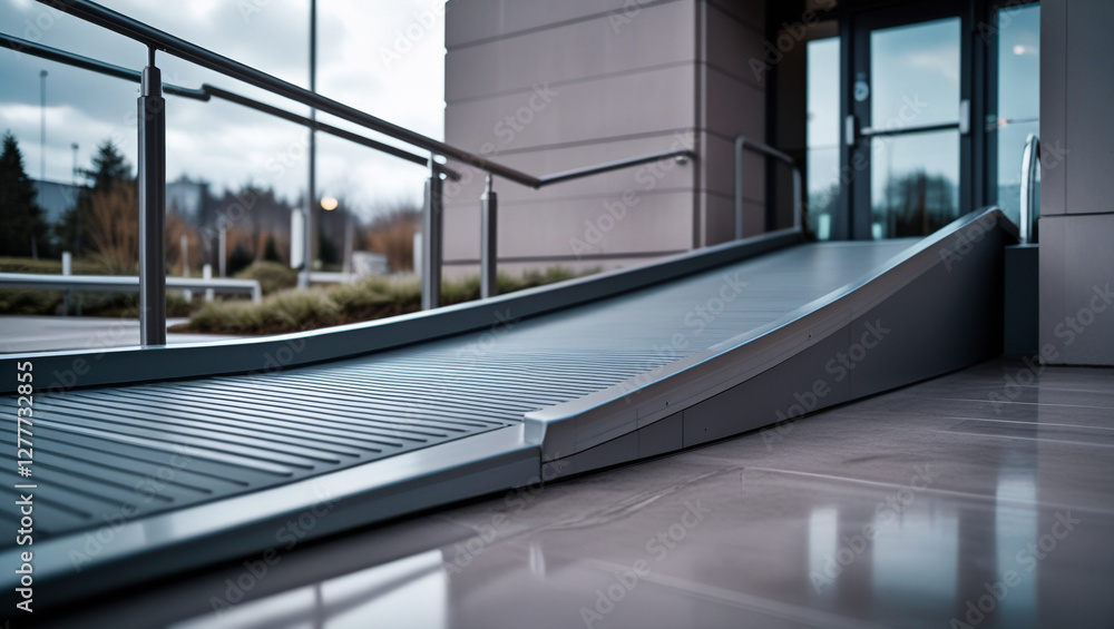 Fototapeta premium professionally lit photograph of a modern, sleek, and well-maintained wheelchair access ramp at a building's entrance – Generative AI