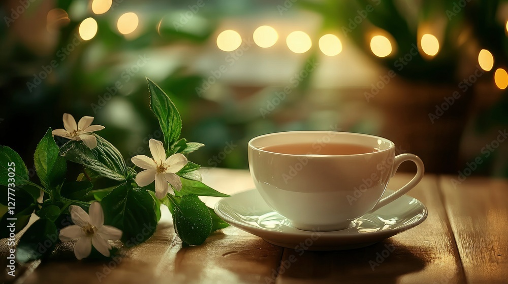 Fototapeta premium Serene Tea Moment A Cup of Tea with Jasmine Blossoms