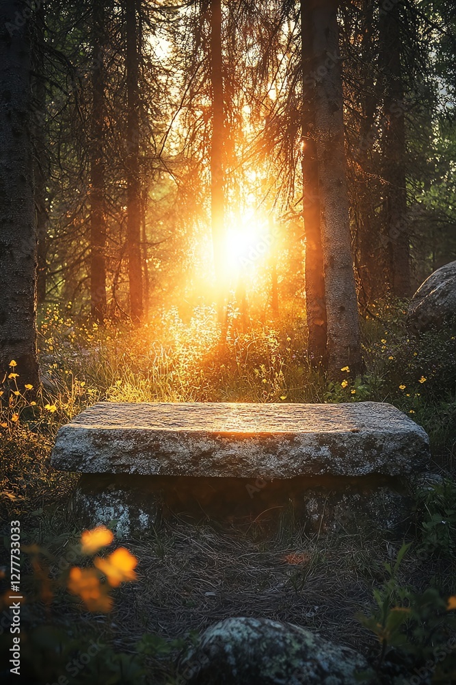 A mystical stone altar in a sunlit forest, surrounded by ancient boulders and wildflowers. Golden light and magical atmosphere evoke forgotten rituals and hidden realms. A mystical stone altar in a sunlit forest, surrounded by ancient boulders and wildflowers. Golden light and magical atmosphere evoke forgotten rituals and hidden realms.