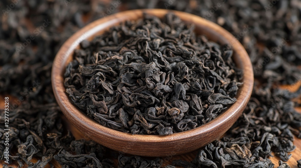 Fototapeta premium Aromatic Loose Leaf Black Tea in Wooden Bowl
