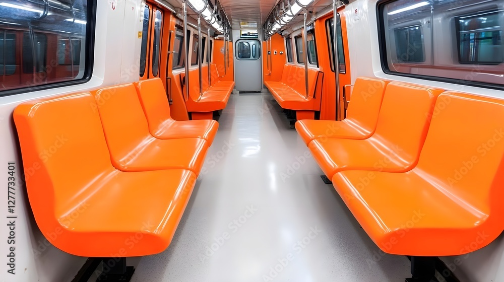Fototapeta premium Bright Orange Seats in a Modern Subway Train Interior with Clean Lines and Minimalist Design, a Perfect Representation of Urban Transportation Spaces