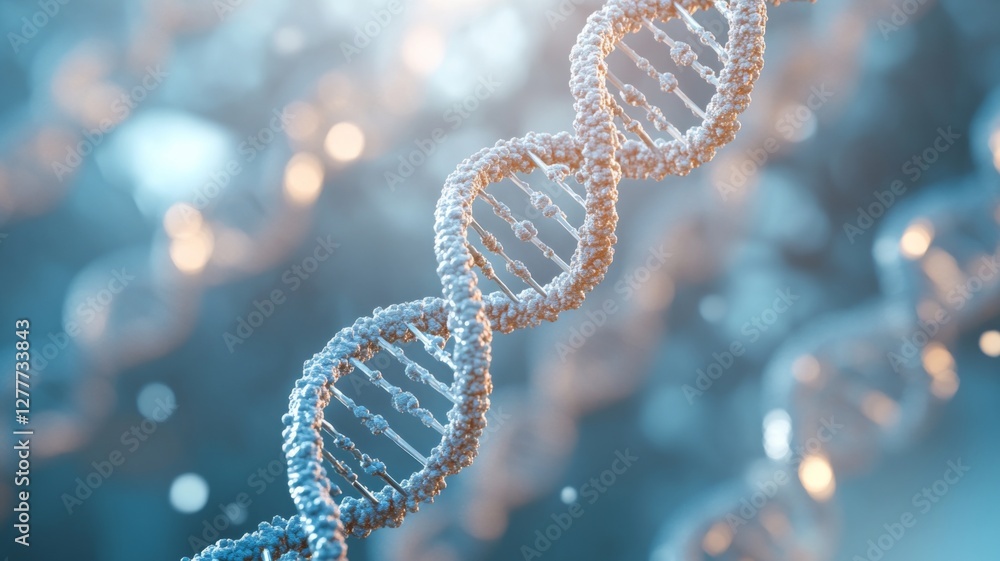 Intricate structure of a DNA double helix illuminated in a scientific laboratory setting with glowing particles in the background Intricate structure of a DNA double helix illuminated in a scientific laboratory setting with glowing particles in the background