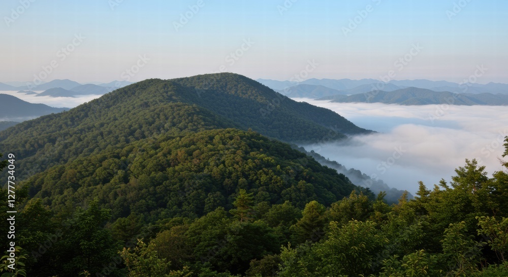 Obraz premium Photo of tropical forest landscape on a sunny day, white clouds are visible below the high mountains.