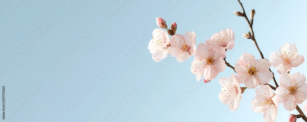Delicate Cherry Blossom Branch with Pink Flowers Against a Soft Blue Background in Spring Season Delicate Cherry Blossom Branch with Pink Flowers Against a Soft Blue Background in Spring Season