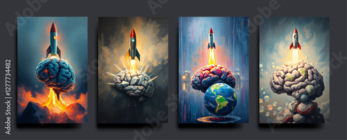 Set of The human brain and head has a rocket coming out of the earth. Business start up ideas. vector painting Illustration.