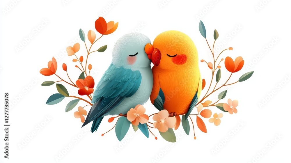 Fototapeta premium Lovebirds cuddling with tiny floral wreaths around them, pastel colors, hand-drawn style, cut-out effect, white background