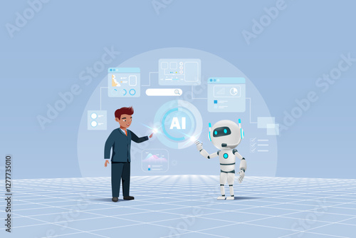 Businessmen interact with AI artificial intelligence robot for business and financial data analyzing. AI innovation technology as smart assistant in business data analysis to develop smart solution