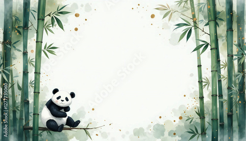 watercolor splashes of panda with the bamboo border frame