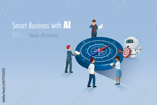 AI artificial intelligence robot holding marketing target on compass with business team. AI technology as smart assistant to develop business vision, direction and strategy. Vector.