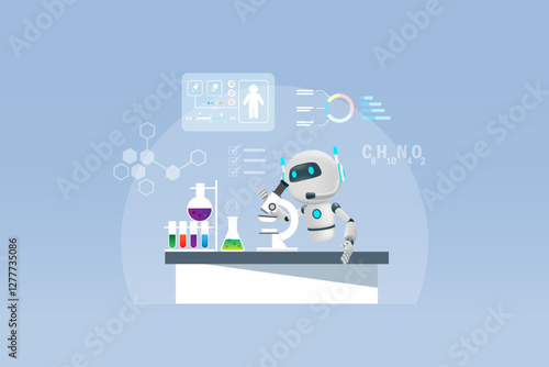 AI robot using microscope analysis test sample in laboratory. Artificial intelligence technology in medical Science Laboratory research and development. 
