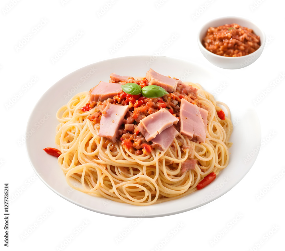 Spaghetti topped with ham and a kick of chili, set against a white backdrop. PNG Spaghetti topped with ham and a kick of chili, set against a white backdrop. PNG