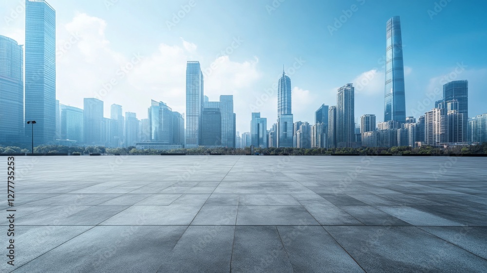 Modern skyline view of a vibrant urban landscape under a clear blue sky during early morning hours Modern skyline view of a vibrant urban landscape under a clear blue sky during early morning hours