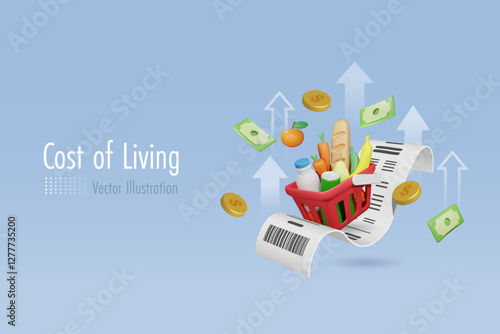 High cost of living, growth of grocery price, economic inflation concept. Grocery foods and drinks in shopping basket with high graph and receipt bill. 3D vector.