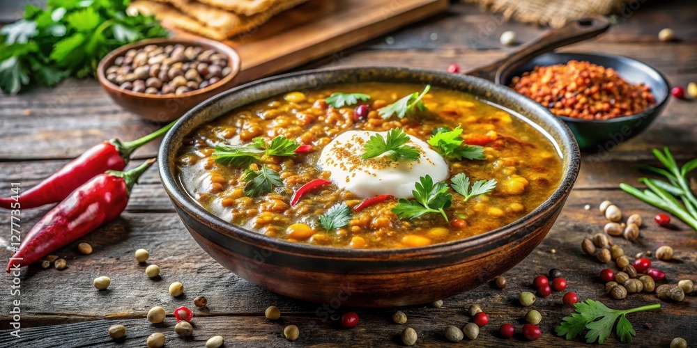 Aromatic Lentil Stew with Creamy Topping and Fresh Herbs in Rustic Bowl Aromatic Lentil Stew with Creamy Topping and Fresh Herbs in Rustic Bowl