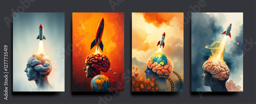 Set of The human brain and head has a rocket coming out of the earth. Business start up ideas. vector painting Illustration.