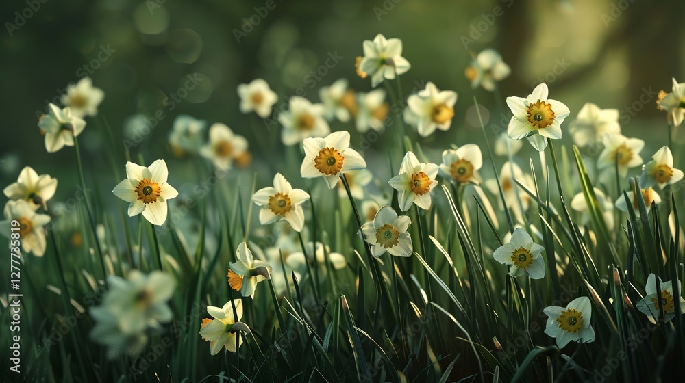 Brilliant daffodil flowers flourishing in a sunlit spring field, displaying vibrant seasonal charm and fresh natural beauty. Brilliant daffodil flowers flourishing in a sunlit spring field, displaying vibrant seasonal charm and fresh natural beauty.